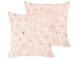 Set of 2 Velvet Cushions Floral Pattern 45x45cm Beige and Pink
