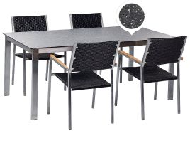 4 Seater Garden Dining Set Black Granite Effect Glass Top with PE Rattan Black Chairs COSOLETO/GROSSETO
