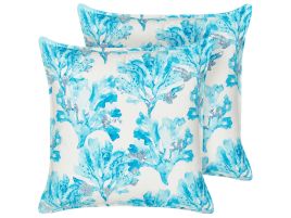 Set of 2 Cotton Cushions Coral Motif 45x45cm White and Blue