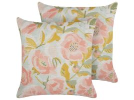 Set of 2 Cushions Floral Pattern 45x45cm Pink and Blue