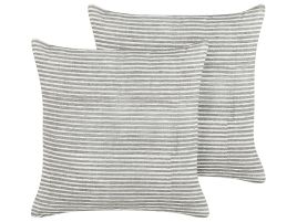 Set of 2 Linen Cushions Striped 50x50cm Grey and White