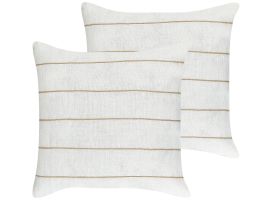 Set of 2 Linen Cushions Striped 50x50cm White and Beige