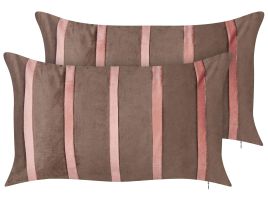 Set of 2 Velvet Cushions Striped Pattern 35x60cm Brown