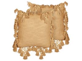 Set of 2 Cotton Cushions with Tassels 45x45cm Sand Beige