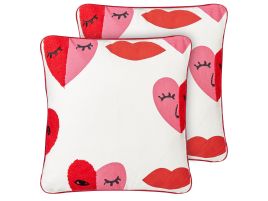 Set of 2 Cotton Cushions Abstract Pattern 45x45cm White and Red