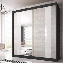 MALTA 2 Door Mirrored Sliding Wardrobe Black Matt and Oak - 203cm