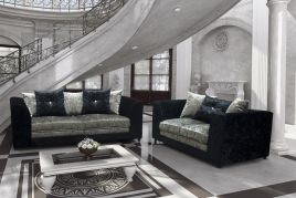 SERENE Crushed Velvet 3 Seater and 2 Seater Scatterback Sofa Set - Black and Silver