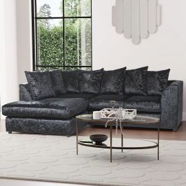 BLAKE Crushed Velvet 4 Seater L Shaped Scatterback Corner Sofa - Black, Left Hand Facing