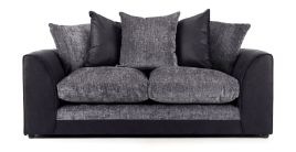 ARUBA Leather and Chenille Fabric 3 Seater Scatterback Sofa - Black and Grey