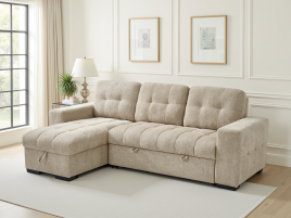 DONATELLO Fabric 3 Seater L Shaped Corner Sofa Bed - Beige, Reversible Facing