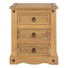 Bedside Table - CORONA 3 Drawer Nightstand Waxed Pine 53cm
