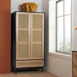 CARDANO 2 Door Rattan Wardrobe with 1 Drawer Black - 90cm