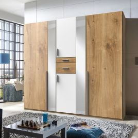 ODENSE 5 Door Mirrored Wardrobe White and Planked Oak - 225cm