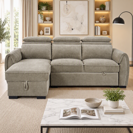 SELWICK Fabric 3 Seater L Shaped Sofa Bed - Reversible Facing - Mushroom
