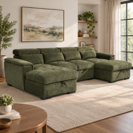 GRACELLO Fabric 6 Seater U Shaped Corner Sofa Bed - Green
