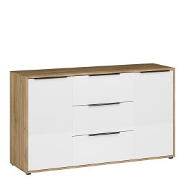 NORDELL 3 Drawer Sideboard with 2 Doors - Mauvella Oak with White Gloss