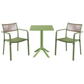 RAVINA 3 Piece Garden Bistro Set - Rope Back Armchairs and Square Table - Moss Green