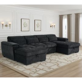 GRACELLO Fabric 6 Seater U Shaped Corner Sofa Bed - Black