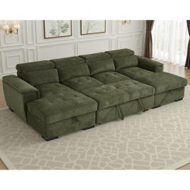 GRACELLO Fabric 6 Seater U Shaped Corner Sofa Bed - Green