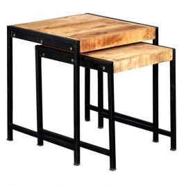 Michelle Industrial Style Nest of 2 Tables with Natural Hardwood and Iron Edges