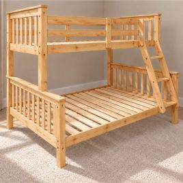 Space-Saving Elegance Oroville Triple Sleeper Bunk Single Top, 4 Foot Bottom Beds - Light Pine Finish