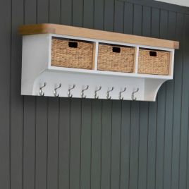 Chunky Oak Large Hall Bench Top with Coat Hooks - White