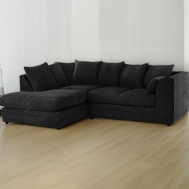 DESMOND Jumbo Cord 4 Seater L Shaped - Left Hand Facing Corner Sofa - Black