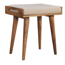 Nordic Style Footstool with Curled Cotton Fabric and Wood Tray - Cream