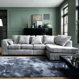 Corner Sofa - HENRY Crushed Chenille Fabric 5 Seater L-Shaped Sofa Right Hand Facing - Light Grey