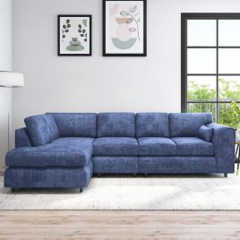 LORVANI Fabric Large 5 Seater L Shaped Fullback Corner Sofa - Midnight Blue, Left Hand Facing