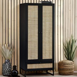 PETERLEE 2 Door Rattan Wardrobe with 1 Drawer Black - 80cm
