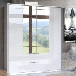 ANGELA 4 Door Mirrored Wardrobe with 2 Drawer White - 164cm