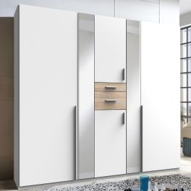 ODENSE 5 Door Mirrored Wardrobe White and Oak - 225cm