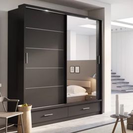 ARTU 2 Door Mirrored Sliding Wardrobe with 2 Drawers Black - 200cm