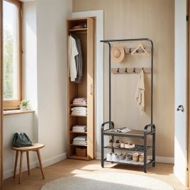 Coat Rack - TARVA 4-in-1 Stand with Shoe Storage Bench - Camel Brown