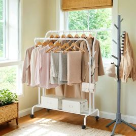 Clothes Rack - TARVA Double-Rod Heavy Duty with Wheels - White