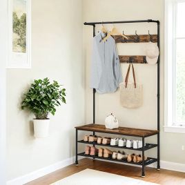 Hall Tree - TARVA Entryway Bench with Shoe Storage and Coat Rack - Black