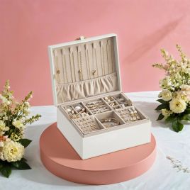 Jewelry Box - VERRIA 2-Layer Organizer with Handle and Removable Tray - White