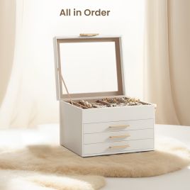 Jewellery Box - VERRIA 4-Layer Organizer with Glass Lid and 3 Drawer - White