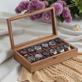 Watch Box - VERRIA 12 Slots Solid Wood Organizer with Glass Lid - Camel Brown