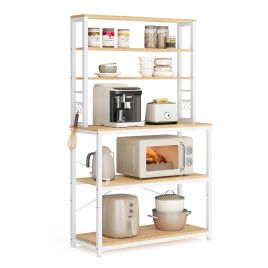 CACEDI Kitchen Storage Rack with Shelves and Hooks - Oak and White
