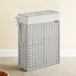 Laundry Hamper - VERRA Foldable Synthetic Rattan Basket with Lid and Removable Liner - White