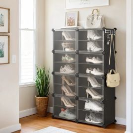 VERRA Shoe Rack - 16 Slots Interlocking Modular Storage Large Sized Rack - Black