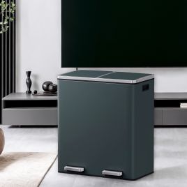 Kitchen Bin - VERRA Double 2 x 30L Pedal Rubbish Bin with Lids - Greenish Grey