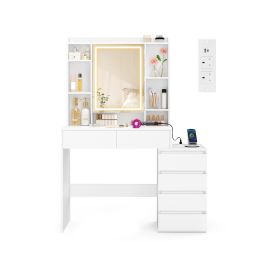 NOVIBU Dressing Table with LED Lights and 4 Drawers Dresser - Cloud White