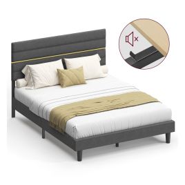 STRAME King Size Bed Frame with Upholstered Headboard - Slate Grey