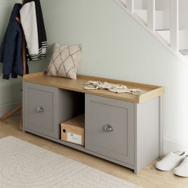 LANCASTER Cream Shoe Cabinet - 2 Door Shoe Bench with Oak Effect Top and Concealed Storage