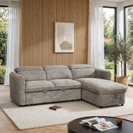ELVAREN Fabric 3 Seater L Shaped Corner Sofa Bed - Grey, Universal Facing
