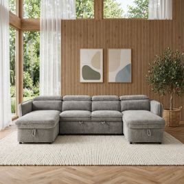 ELVAREN Fabric 4 Seater U Shaped Corner Sofa Bed - Grey