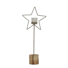 HERITAGE Natural Rustic Star On Wood Stand With Glass Votive - Multi Colour